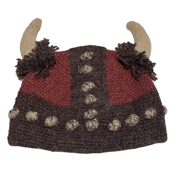 Hand Knit Horned Viking Hat - Brown / Brick / Tan - Picture 2 of 2